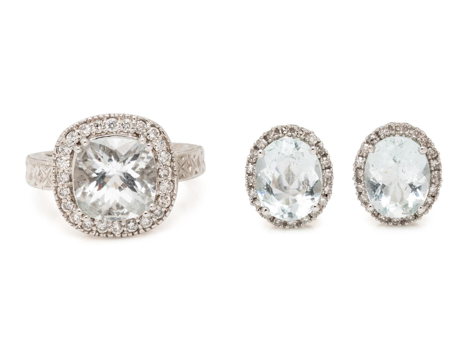 WHITE GOLD, GOSHENITE BERYL, AND DIAMOND RING AND CLIP EARRINGS