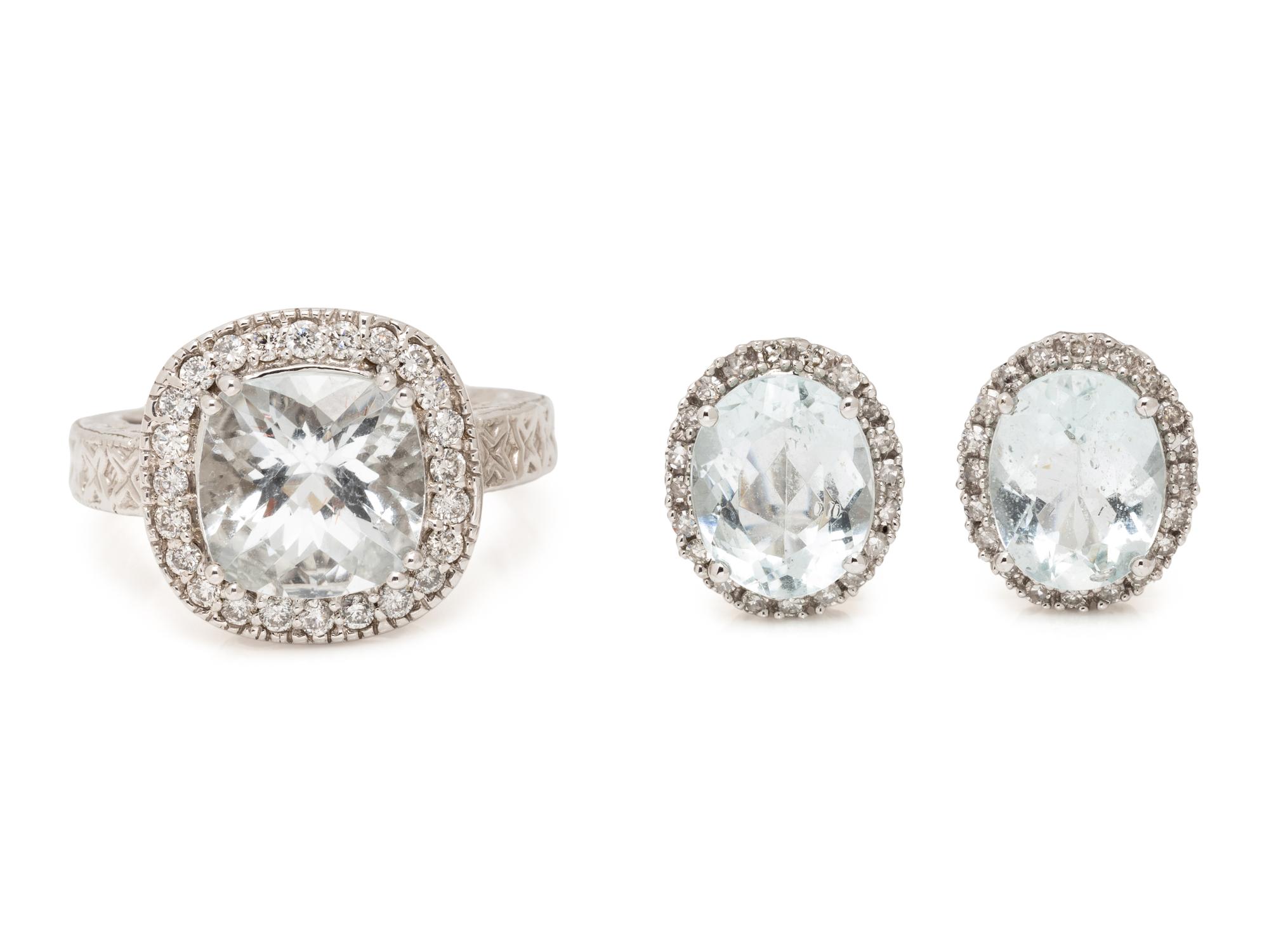 WHITE GOLD, GOSHENITE BERYL, AND DIAMOND RING AND CLIP EARRINGS