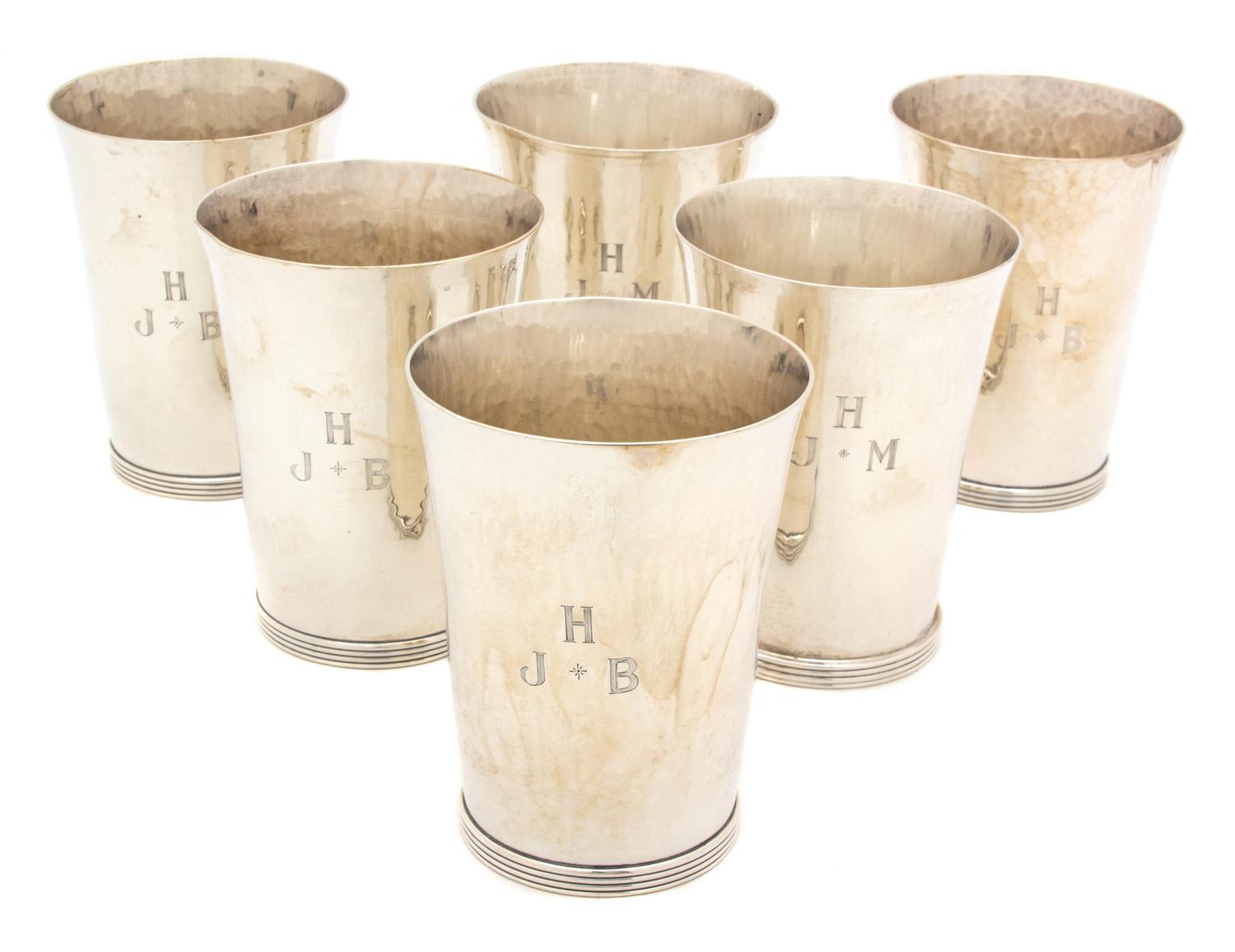 Six American Sterling Silver Hand-Hammered Mint Julep Cups, Gebelein, Boston, MA, 20th Century, monogrammed JHB