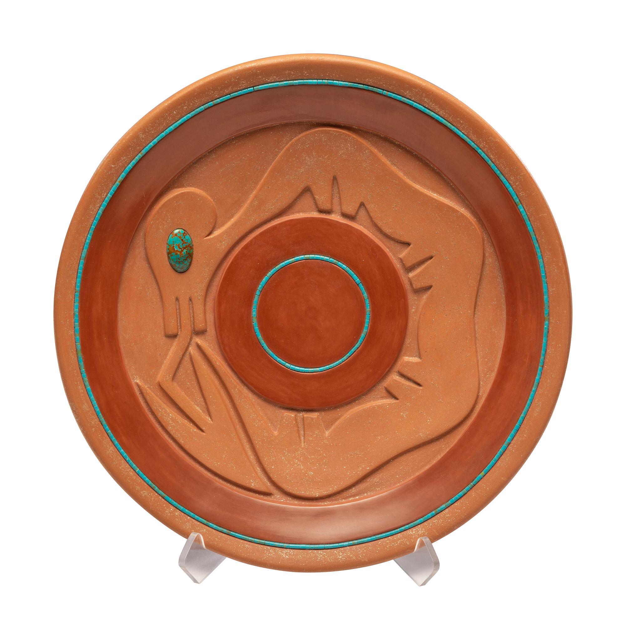 Micaceous Redware Pottery Plate, with Turquoise
