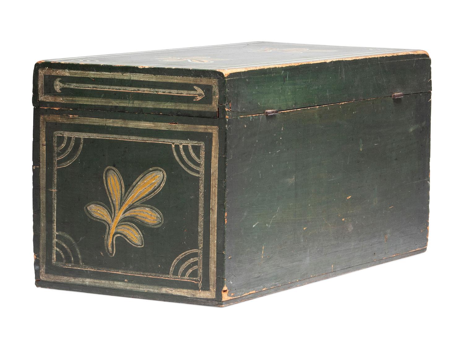 A Country Green, Yellow and White Painted Palm Leaf-Decorated Maple Blanket Chest