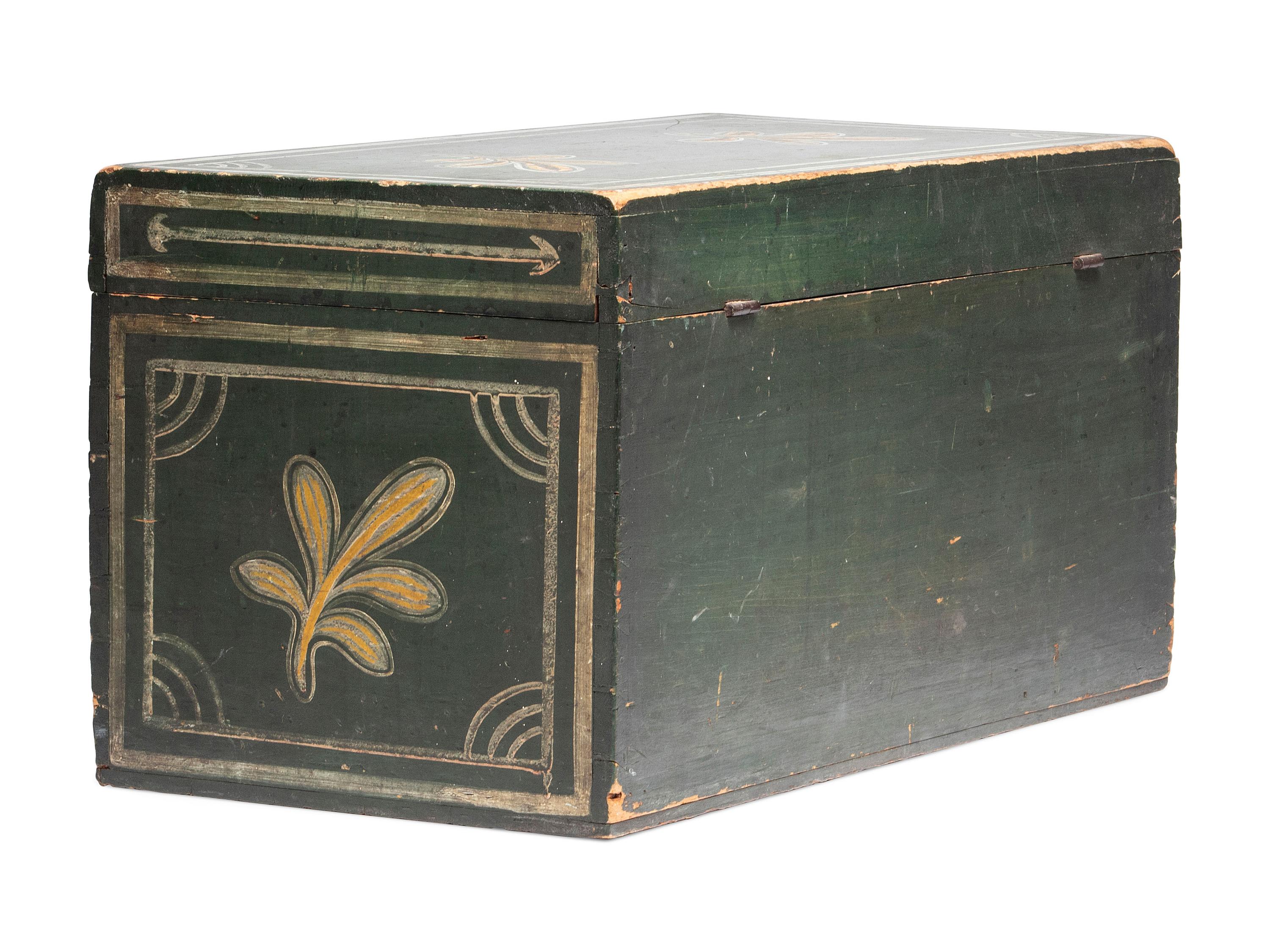 A Country Green, Yellow and White Painted Palm Leaf-Decorated Maple Blanket Chest