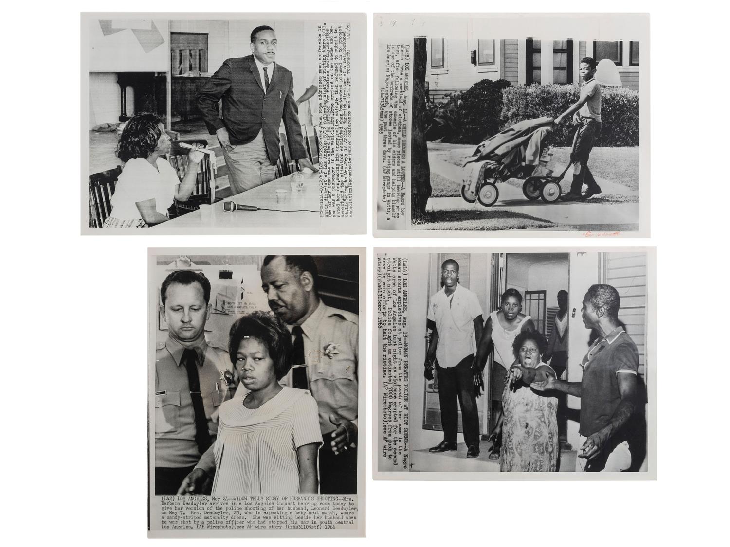 [CIVIL RIGHTS -- WATTS RIOTS]. A group of 7 press photographs featuring scenes from the Watts Uprising in Los Angeles and the wrongful death inquest of Leonard Deadwyler.