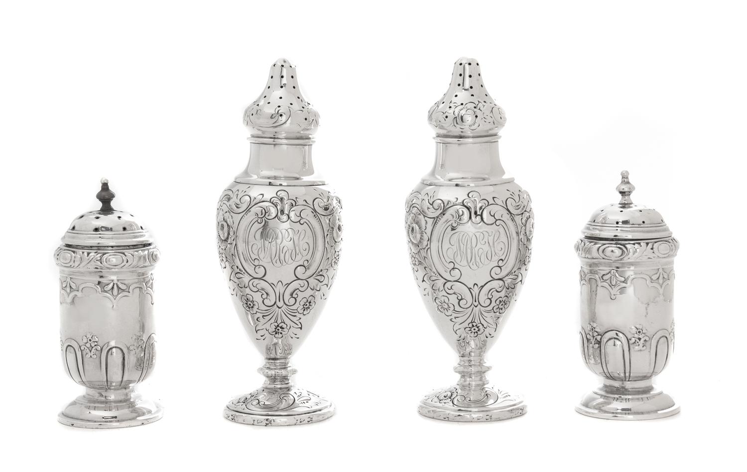 Two Pairs of Silver Casters, , comprising an Edwardian cylindrical pair, Harrison Bros. & Howson, Sheffield, 1902 and an American balus