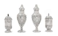 Two Pairs of Silver Casters, , comprising an Edwardian cylindrical pair, Harrison Bros. & Howson, Sheffield, 1902 and an American balus