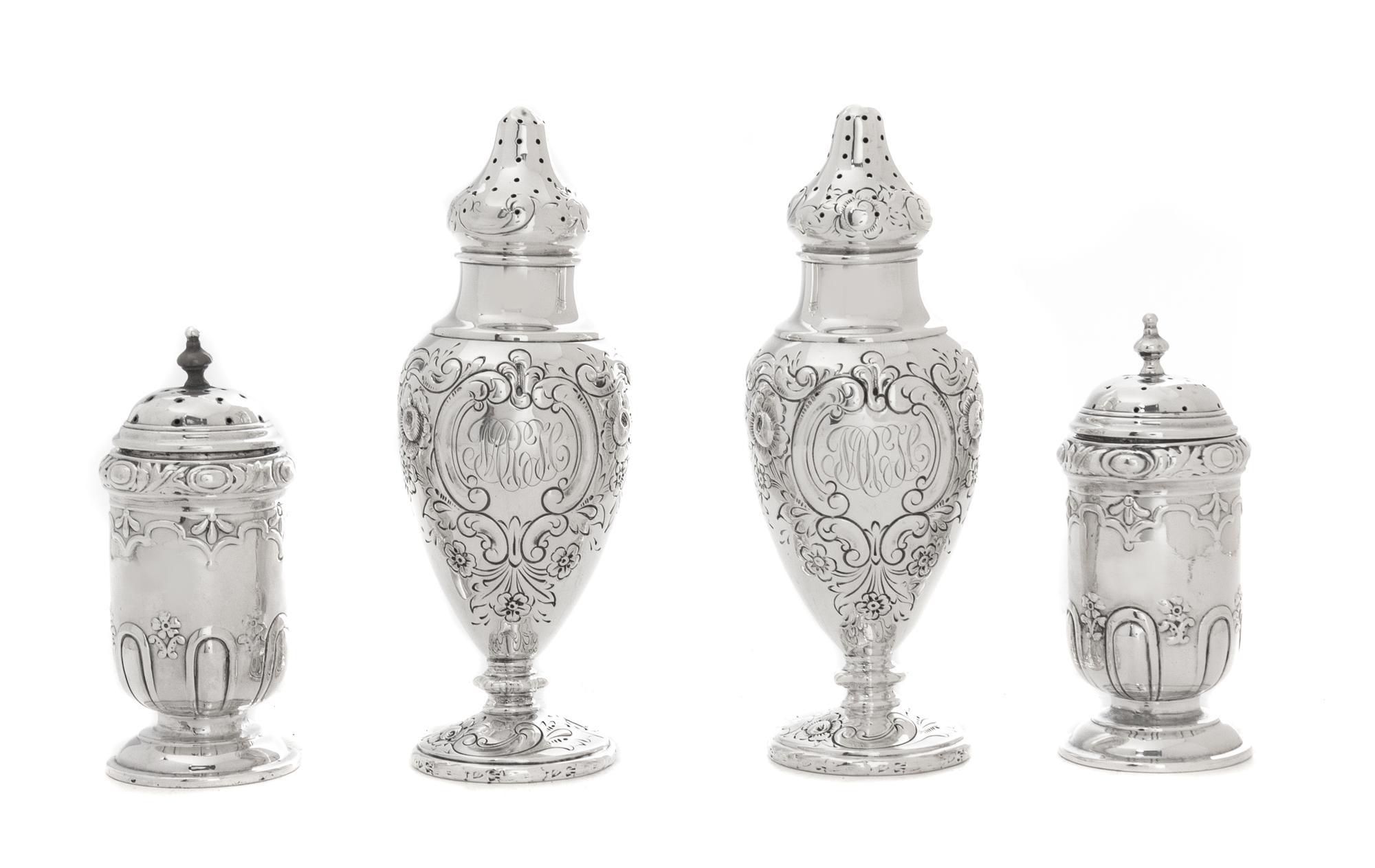 Two Pairs of Silver Casters, , comprising an Edwardian cylindrical pair, Harrison Bros. & Howson, Sheffield, 1902 and an American balus