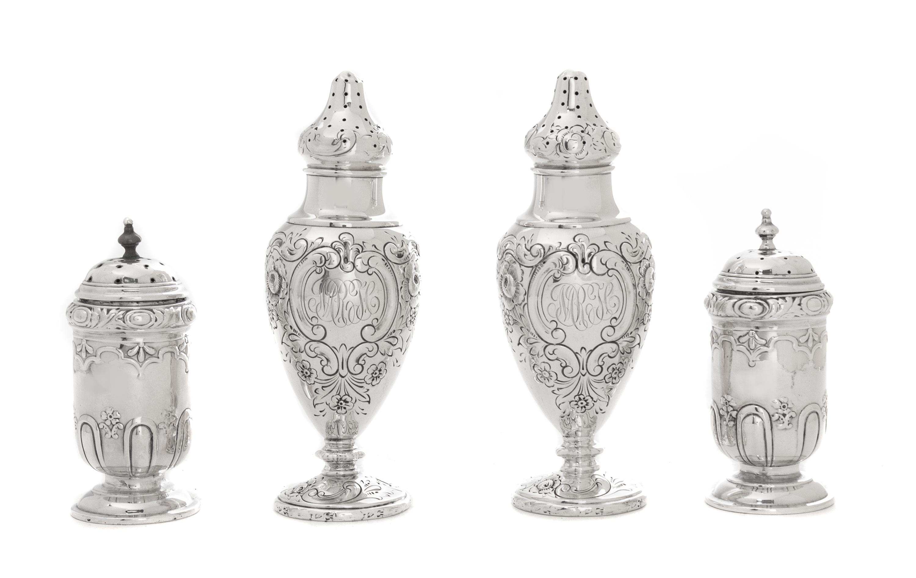 Two Pairs of Silver Casters, , comprising an Edwardian cylindrical pair, Harrison Bros. & Howson, Sheffield, 1902 and an American balus