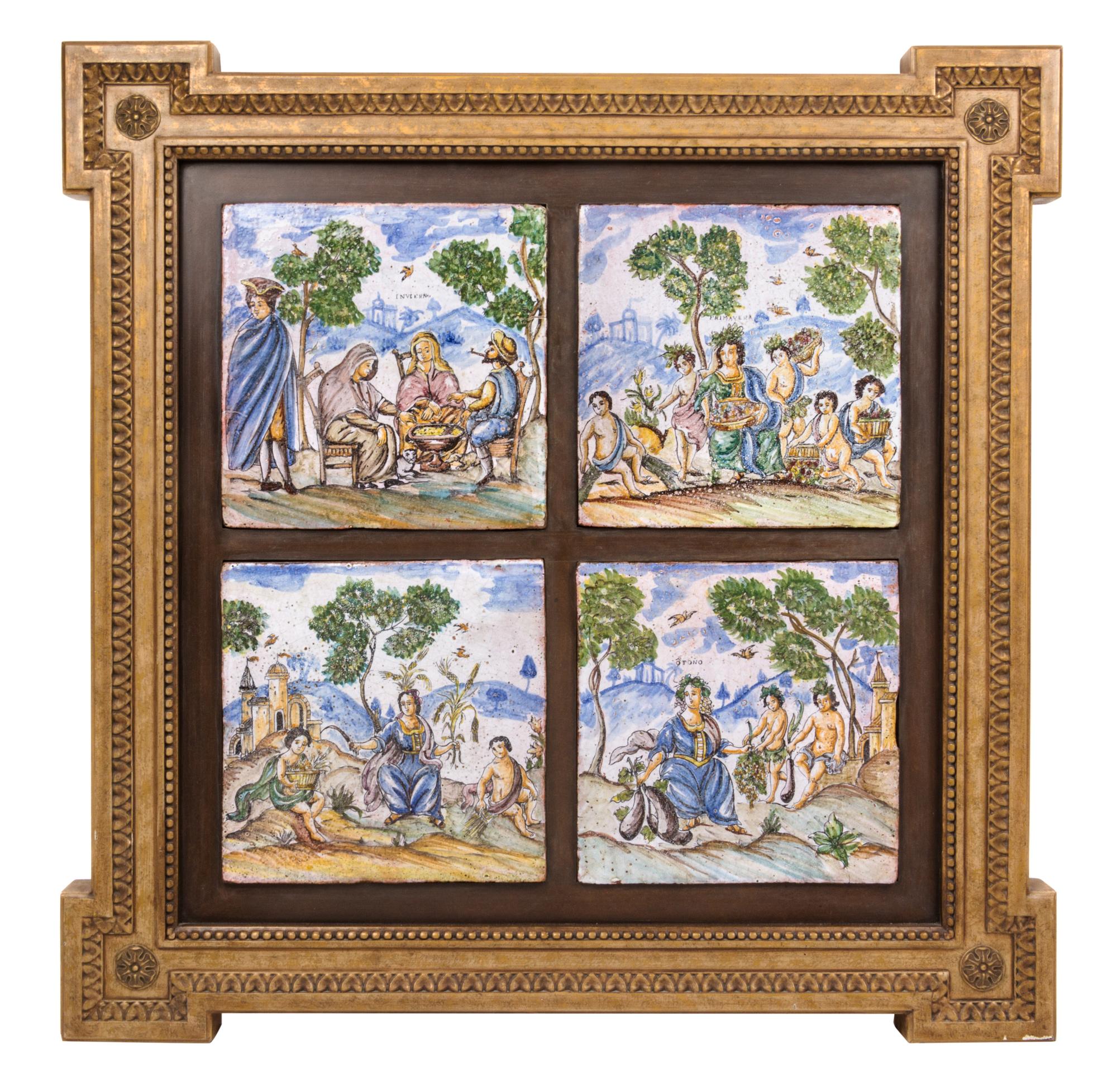 A Set of Four Spanish Polychrome Ceramic Tiles Each tile 11 1/4 x 11 1/4 inches.