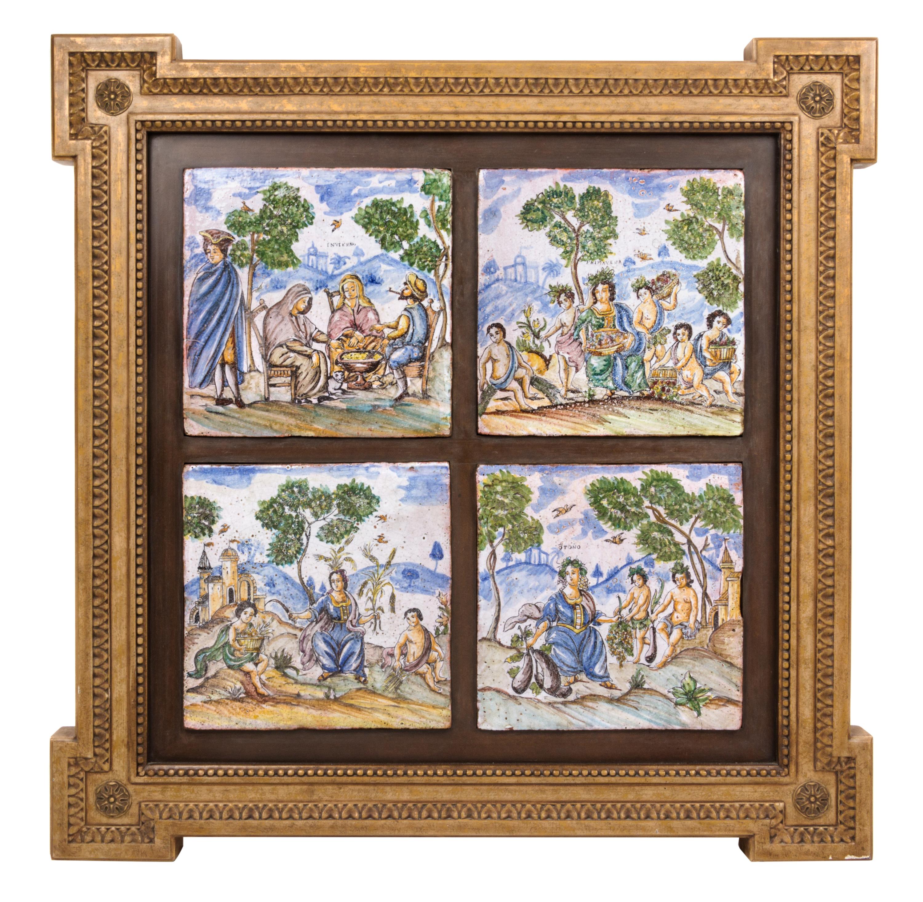 A Set of Four Spanish Polychrome Ceramic Tiles Each tile 11 1/4 x 11 1/4 inches.