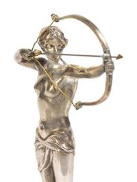 A Continental Silvered Metal Figure of a Huntress