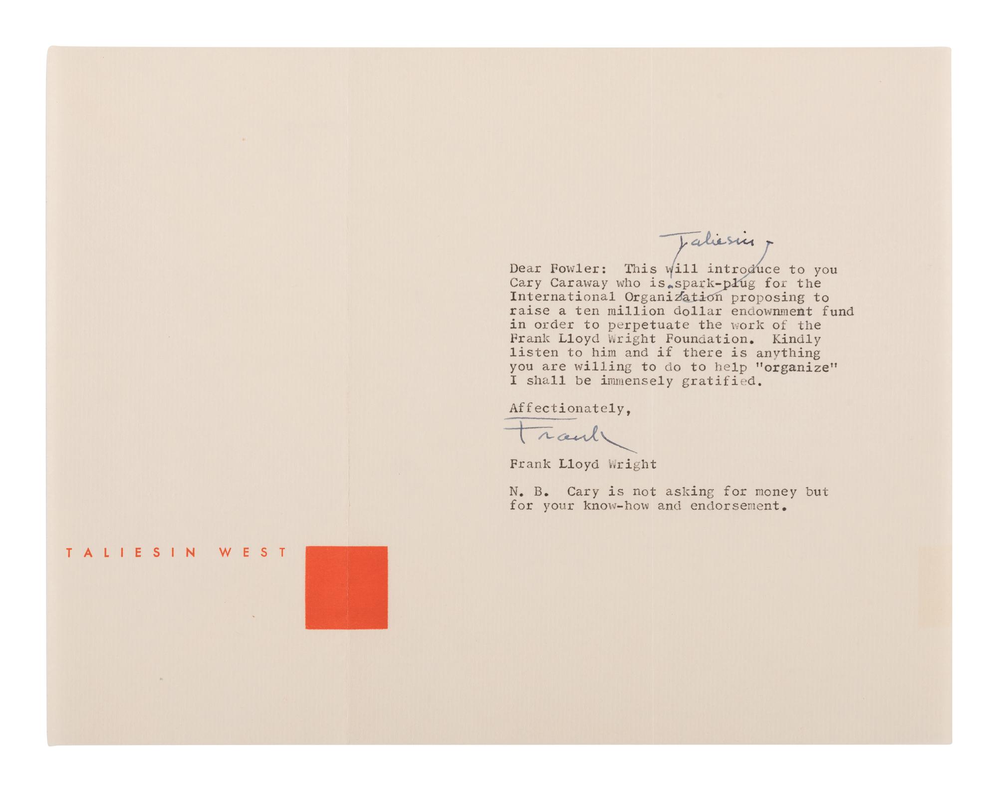 WRIGHT, Frank Lloyd (1869-1959). Three typed letters signed with a few hand-corrections ("Frank"), to Fowler McCormick, William Benton, and H. C. Price.
