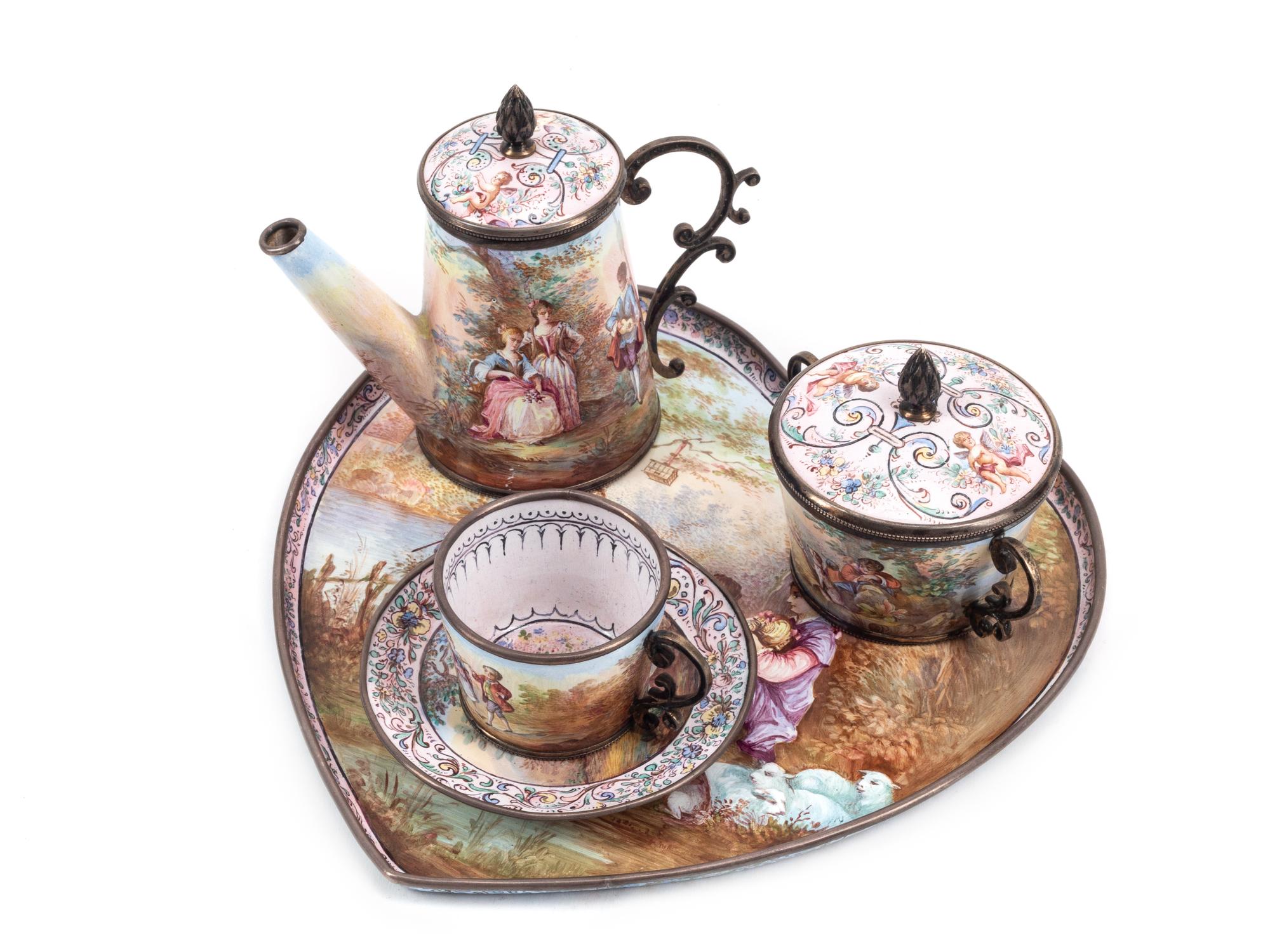 An Austrian Enameled Silver Miniature Tea Service