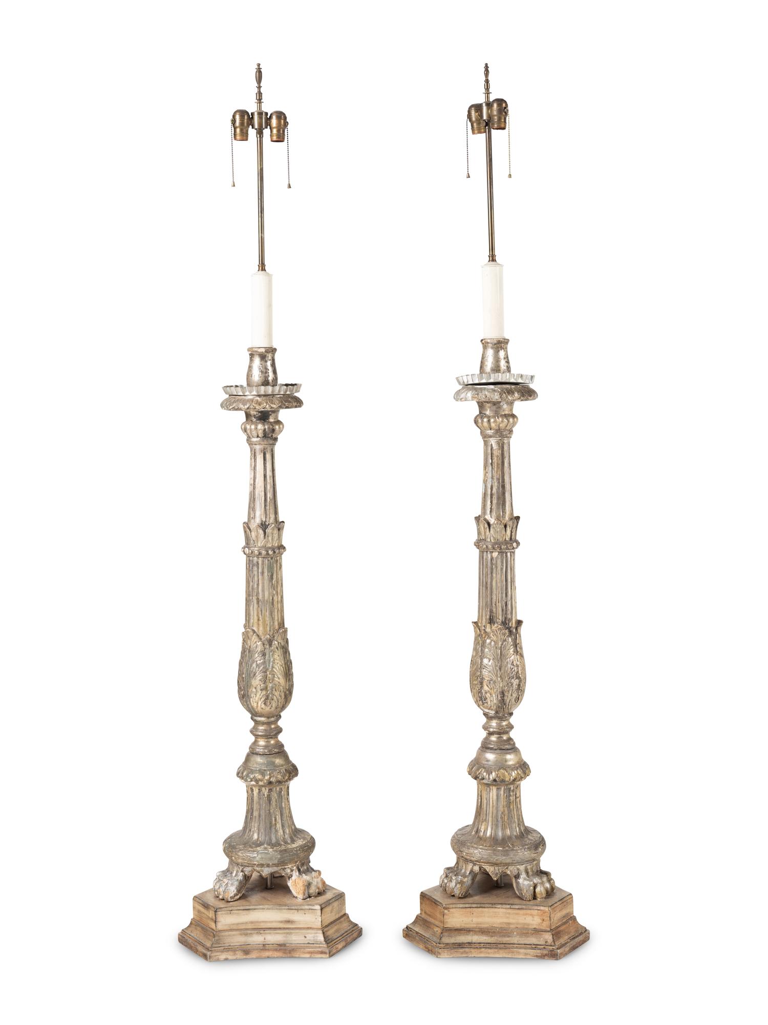 A Pair of Italian Silvered Wood Torchères