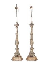 A Pair of Italian Silvered Wood Torchères