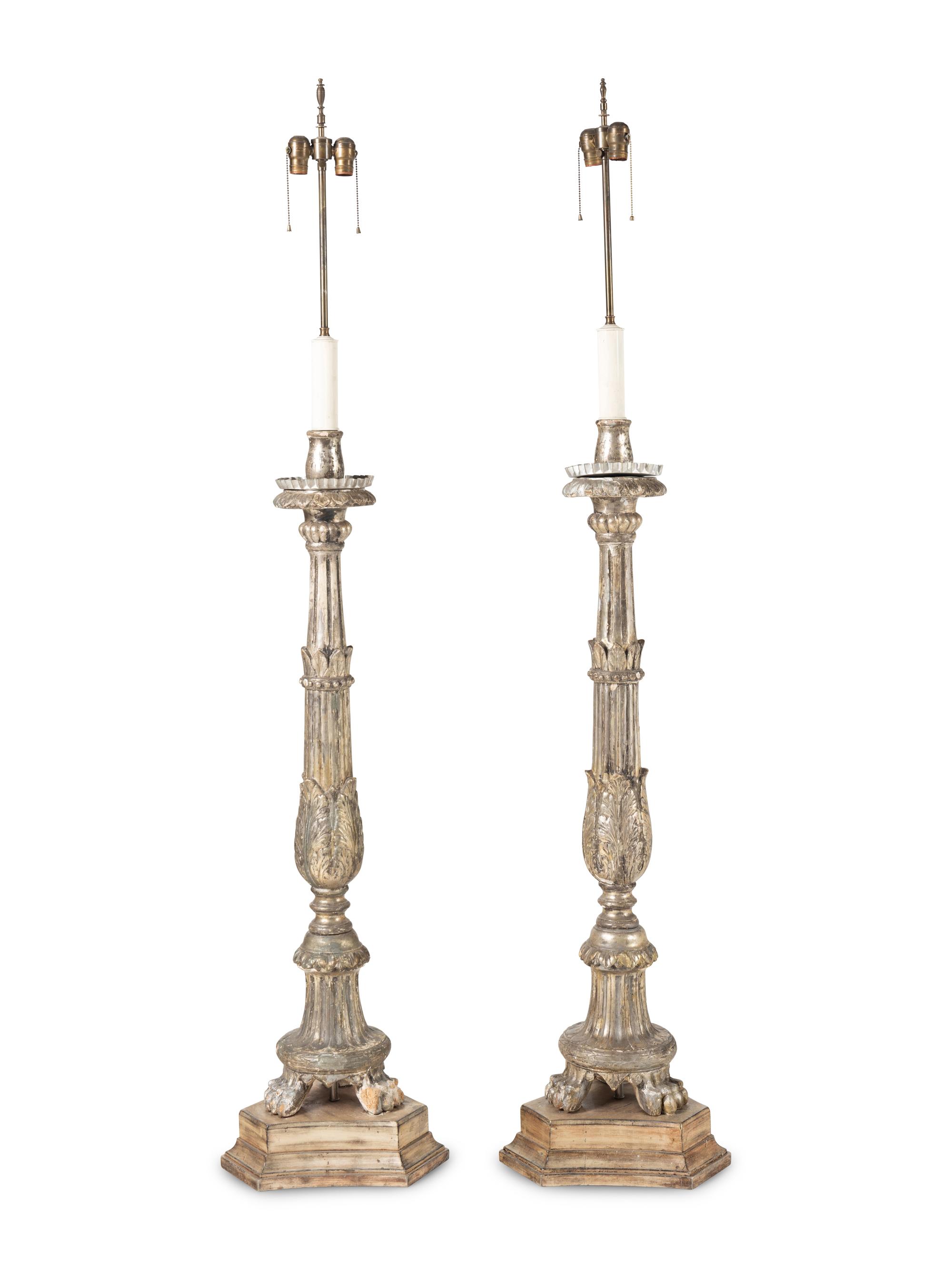 A Pair of Italian Silvered Wood Torchères