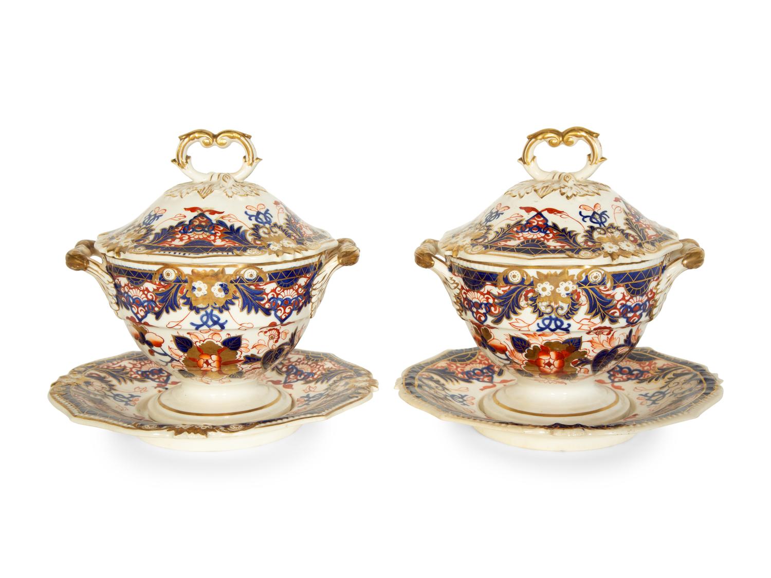 A Pair of Bloor Derby Porcelain Sauce Tureens and Stands