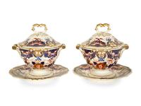 A Pair of Bloor Derby Porcelain Sauce Tureens and Stands