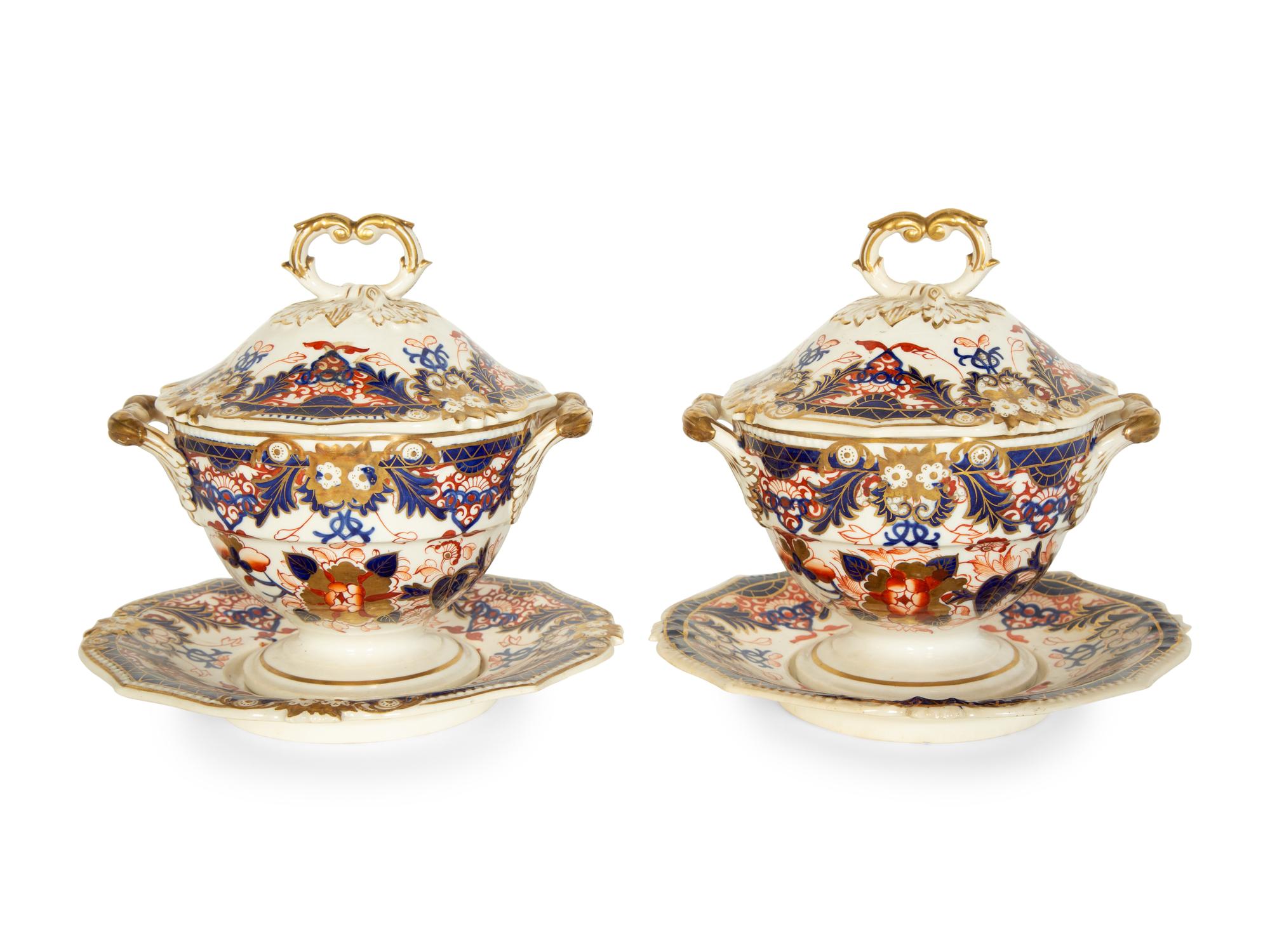 A Pair of Bloor Derby Porcelain Sauce Tureens and Stands