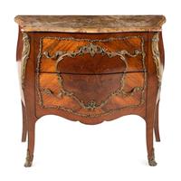 A Louis XV Style Gilt Bronze Mounted Marquetry Marble-Top Commode