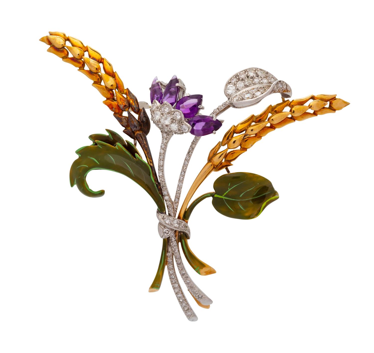 A Yellow Gold, Amethyst, Diamond and Enamel Brooch,