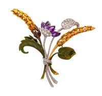 A Yellow Gold, Amethyst, Diamond and Enamel Brooch,