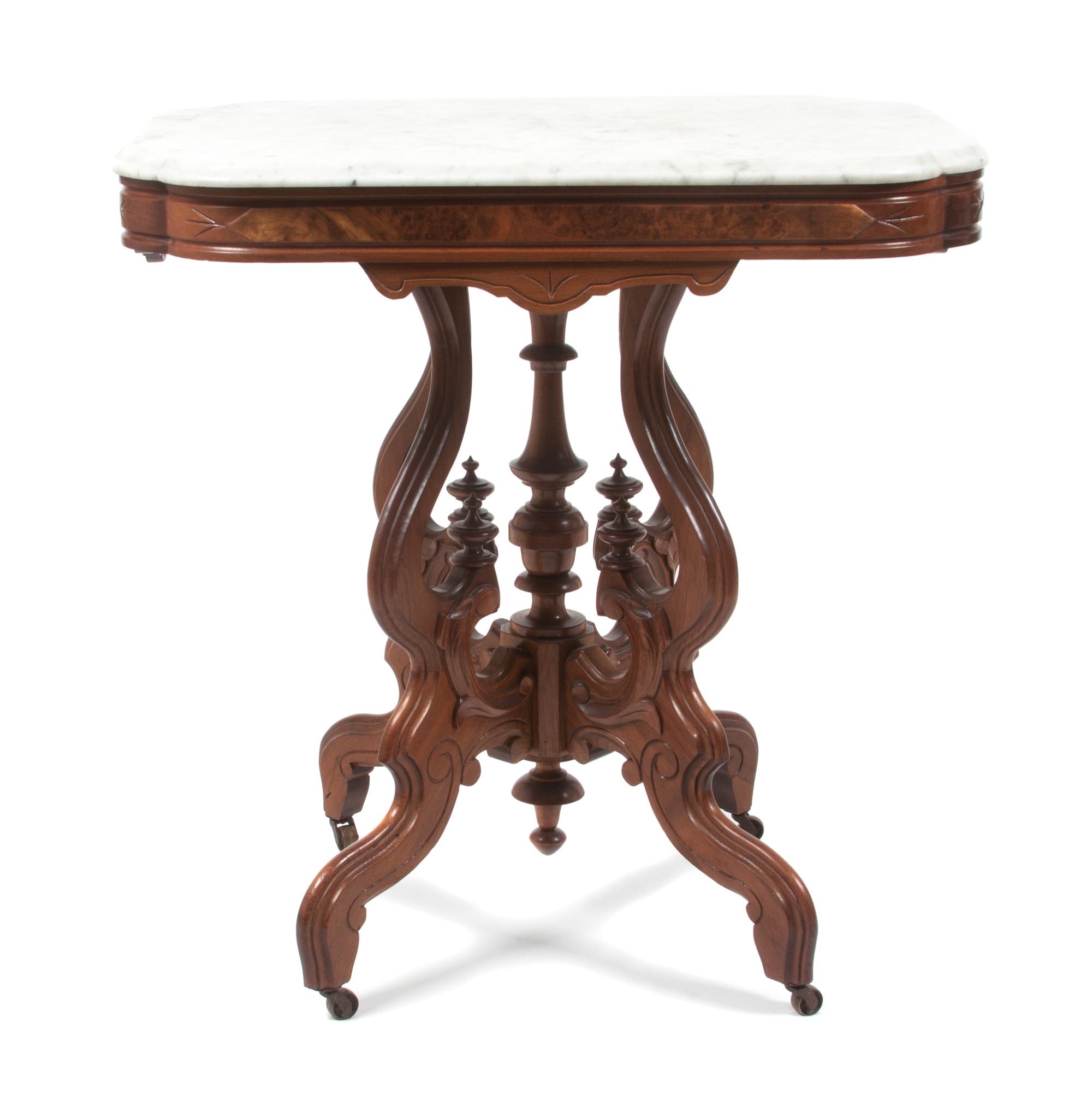 A Victorian Burlwood Parlor Table Height 29 x width 28 3/4 x depth 20 1/4 inches. — 19TH CENTURY