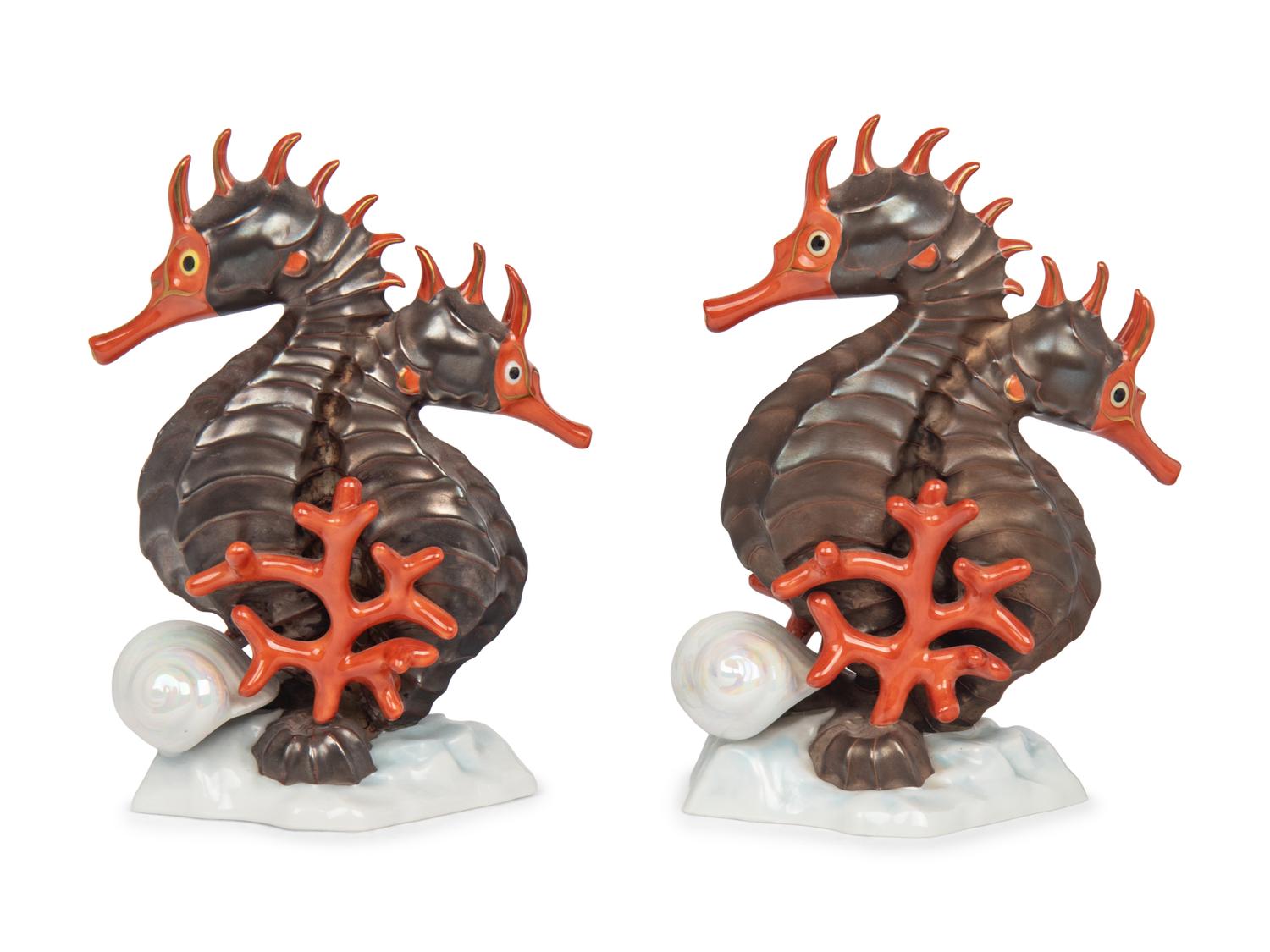 A Pair of Herend Porcelain Seahorse Groups