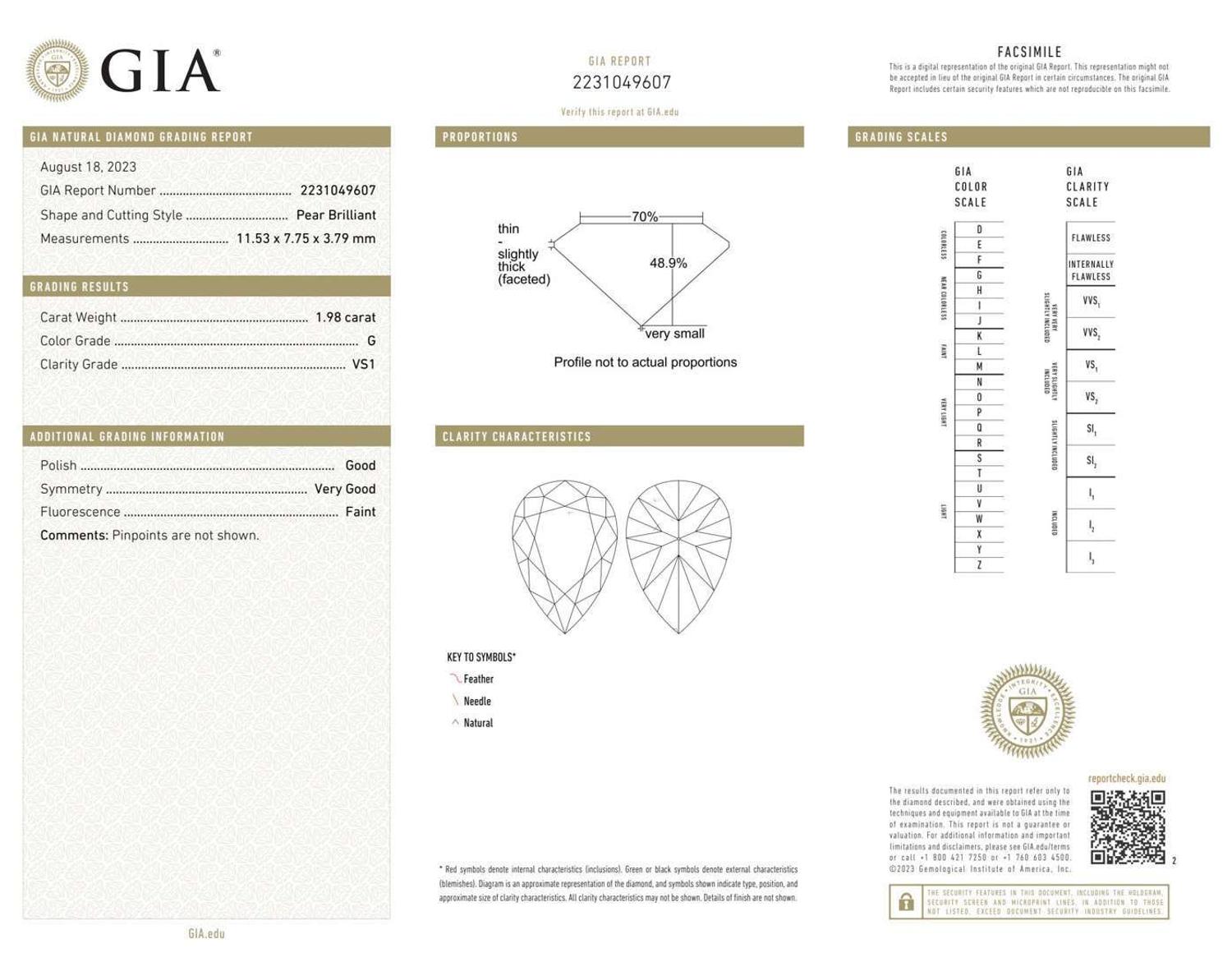 A Platinum and Diamond Ring, 1.98 Carat Pear Brilliant-Cut Diamond, GIA Certified