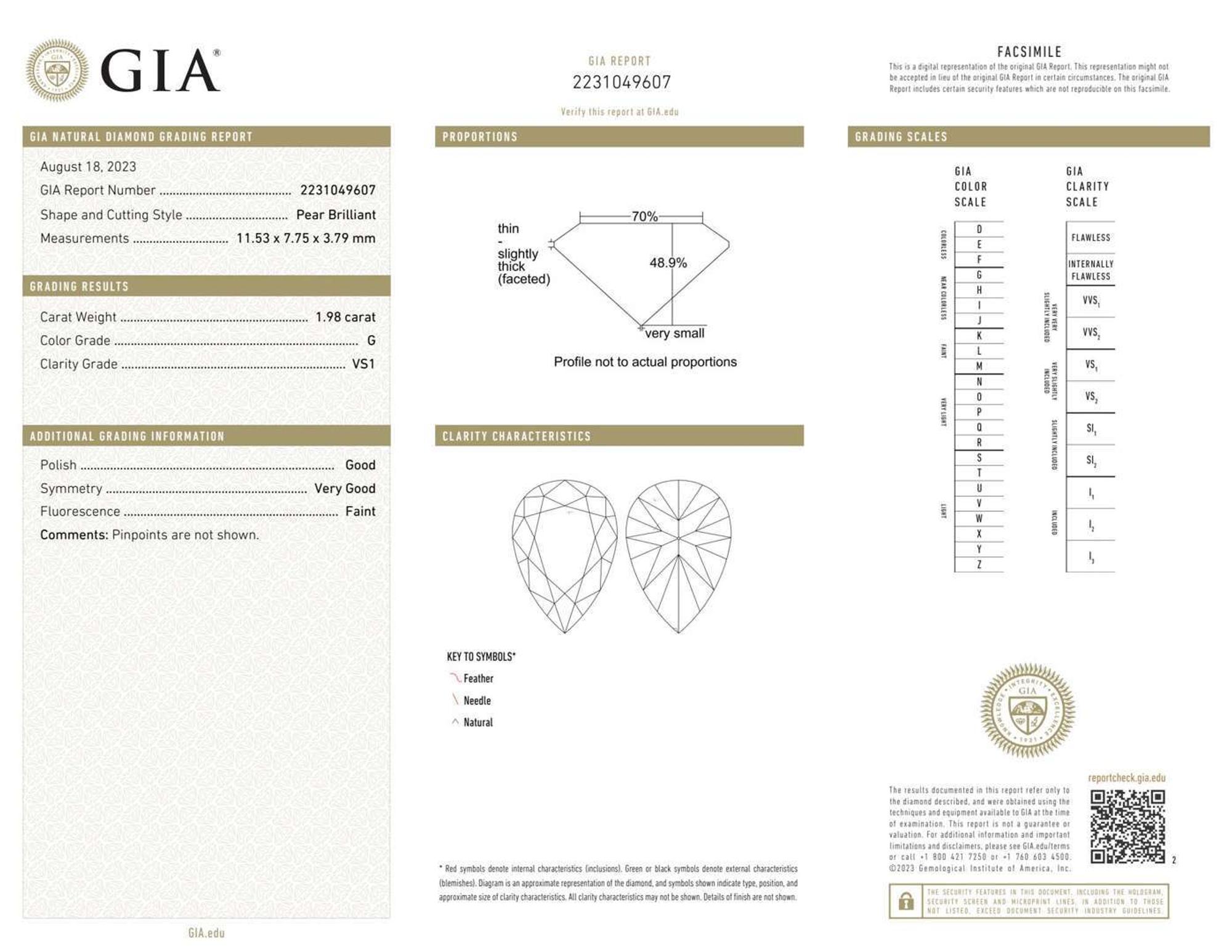 A Platinum and Diamond Ring, 1.98 Carat Pear Brilliant-Cut Diamond, GIA Certified