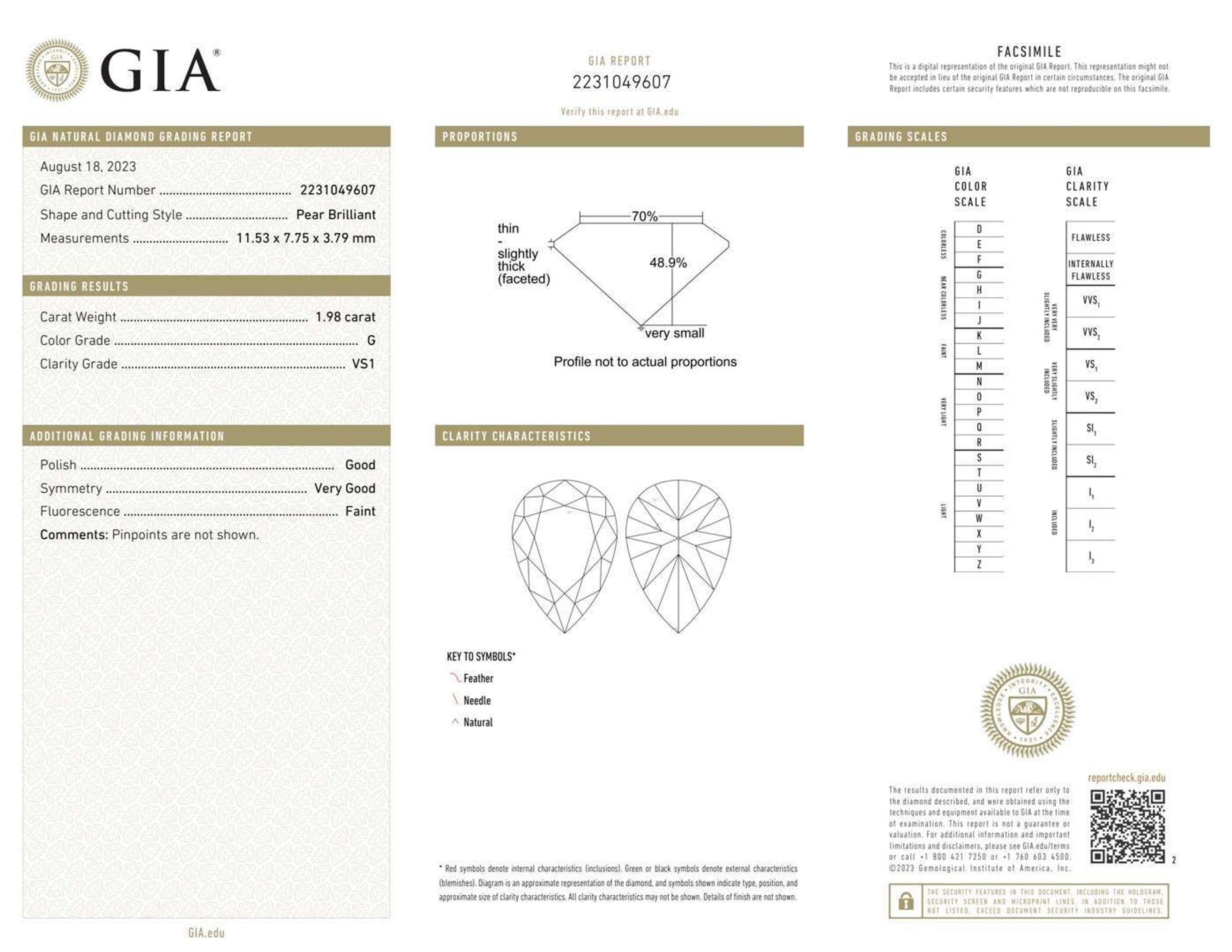 A Platinum and Diamond Ring, 1.98 Carat Pear Brilliant-Cut Diamond, GIA Certified