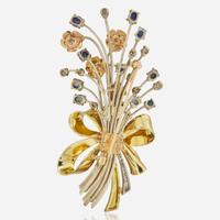 A 14K Gold, Diamond, and Sapphire Brooch