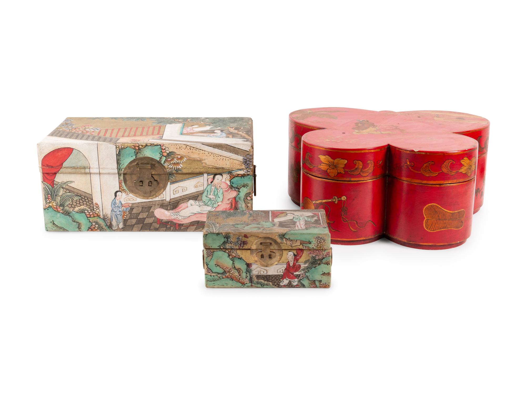 Three Chinese Gilt and Polychrome Lacquered Boxes
