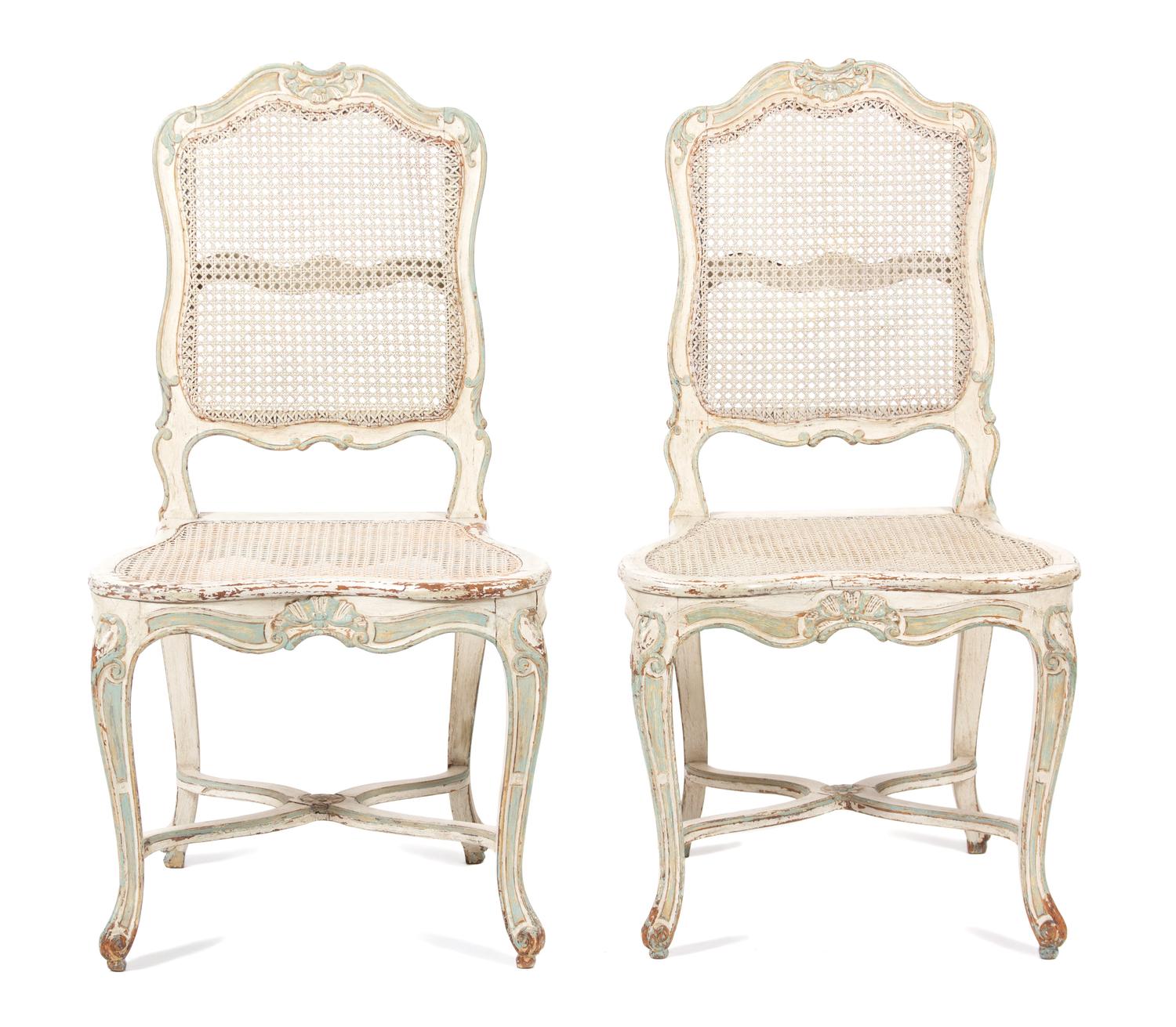 A Pair of Louis XV Style Carved and Painted Caned Back and Seat Side Chairs Height 38 1/2 inches. — 19TH CENTURY
