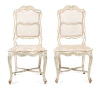 A Pair of Louis XV Style Carved and Painted Caned Back and Seat Side Chairs Height 38 1/2 inches. — 19TH CENTURY