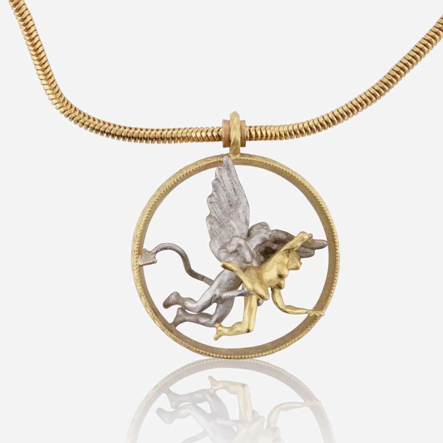 An Anthony Lent 18K Yellow Gold Necklace with Demon and Lady Pendant