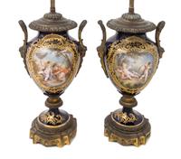 A Pair of Sevres Style Gilt Bronze Mounted Porcelain Vases Height 23 1/2 inches overall.