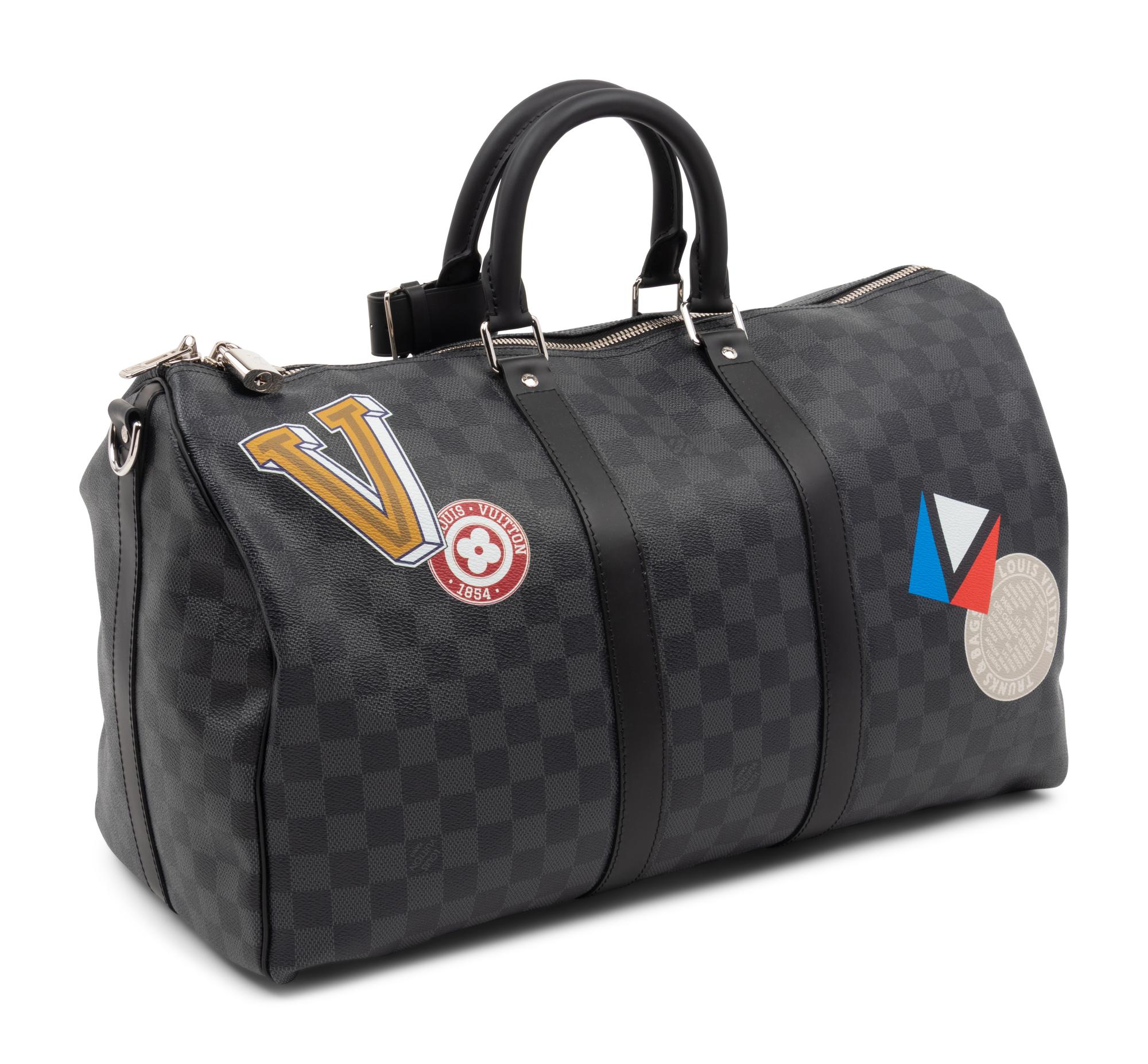 Louis Vuitton Limited Edition Keepall Bandoulière 45 in Damier Graphite Coated Canvas with Printed Travel "Stickers", LV League, Fall Winter 2017
