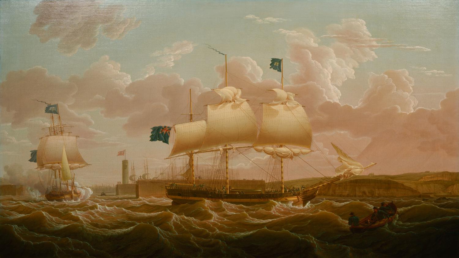 A privateer in two positions leaving Whitehaven Harbour