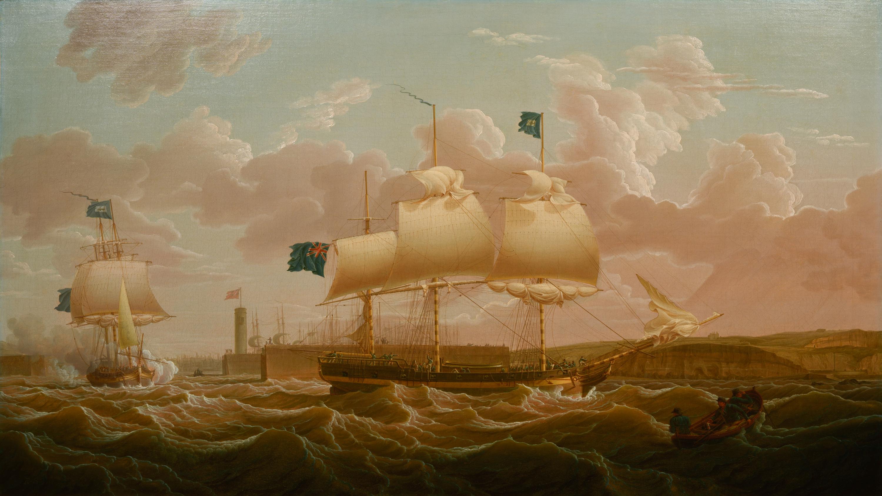 A privateer in two positions leaving Whitehaven Harbour