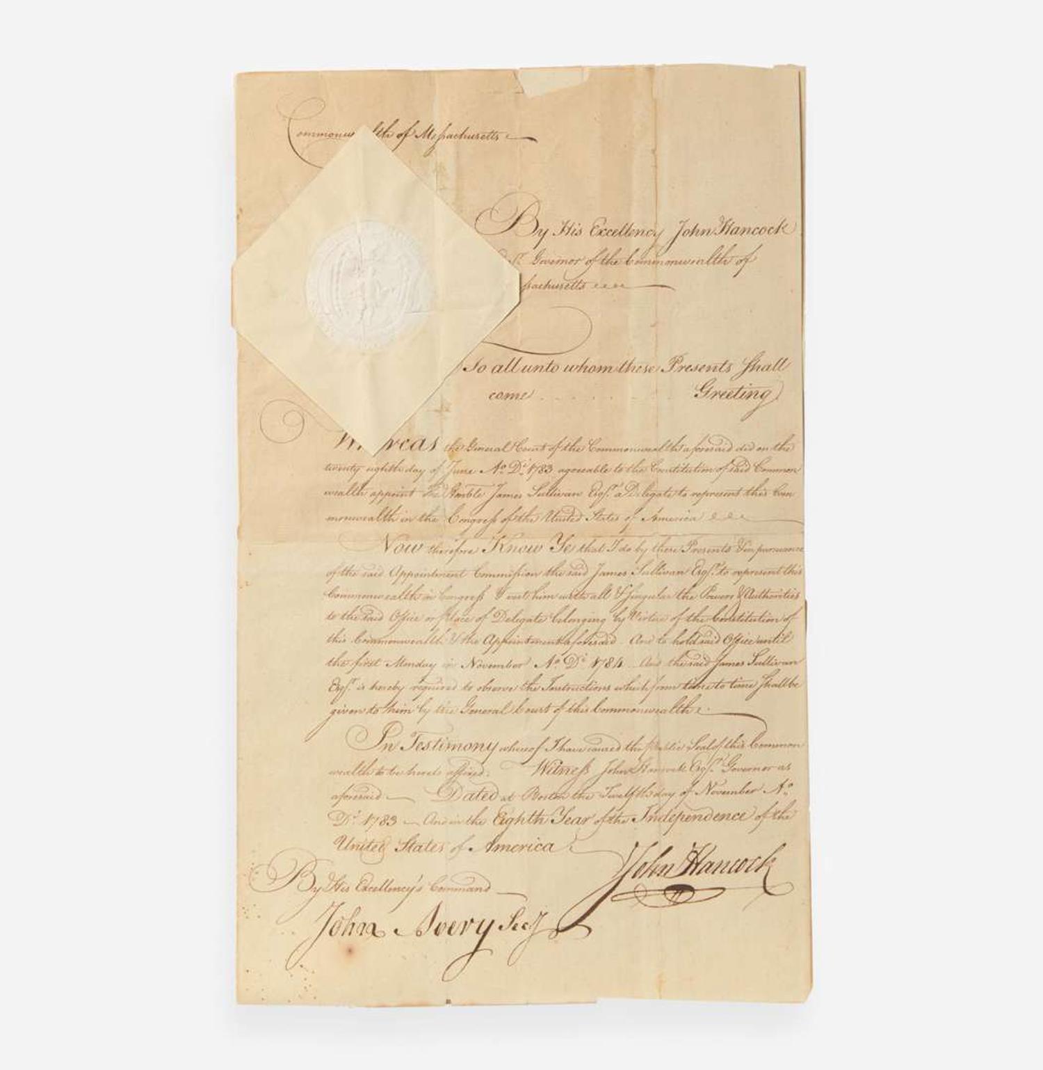 [Americana] Hancock, John Manuscript Document, signed