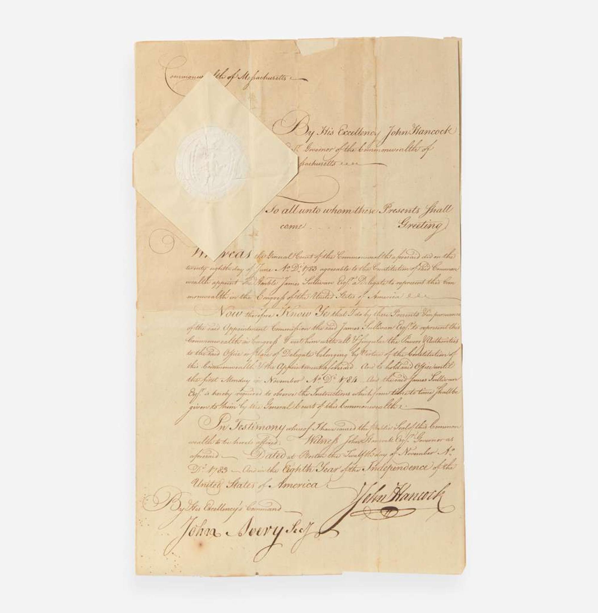 [Americana] Hancock, John Manuscript Document, signed