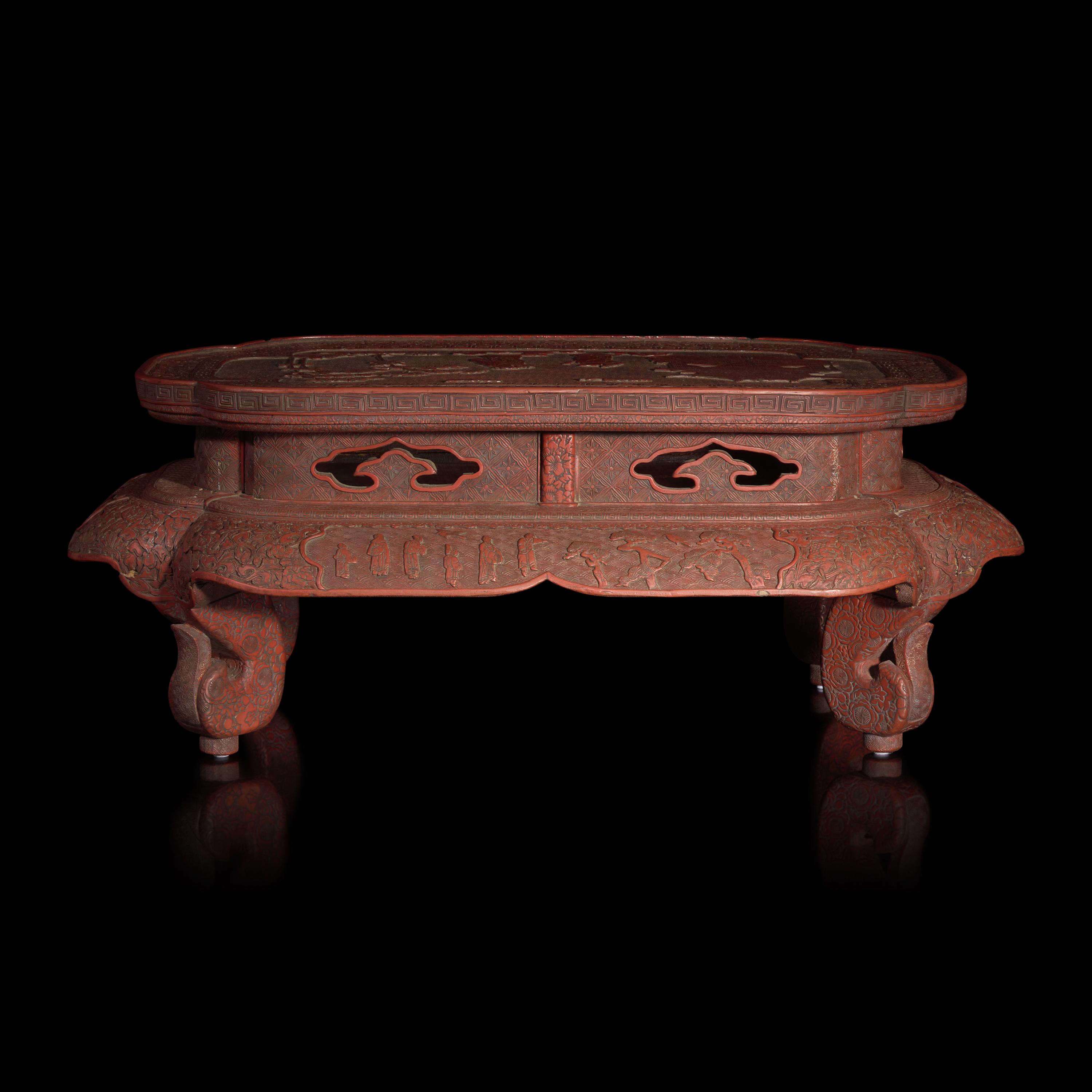 A Ryukyuan Red Lacquer Altar Table — 琉球剔紅雕漆人物圖炕桌