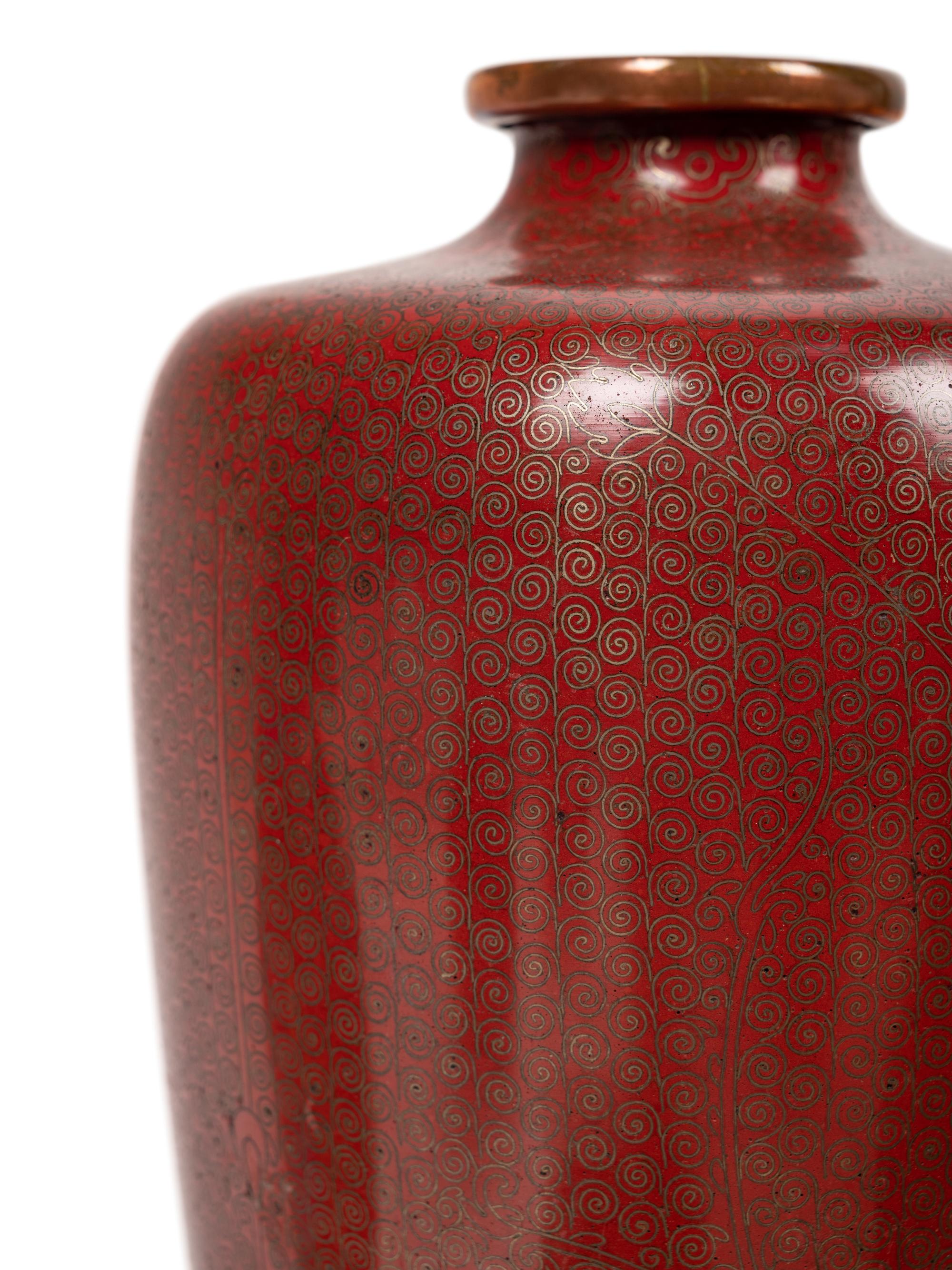 12 Japanese Red Ground Cloisonné Enameled Vessels