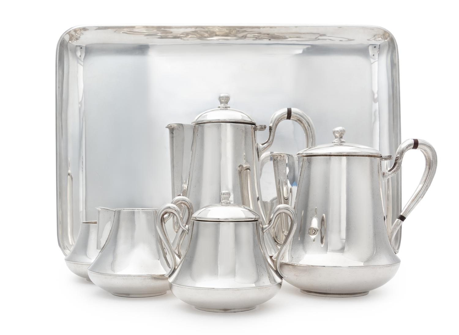 A Mexican Silver Six-Piece Tea and Coffee Service, Maker's Mark GIM, Mexico City, Mid-20th Century, comprising a teapot, coffee pot, cr