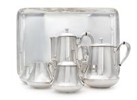 A Mexican Silver Six-Piece Tea and Coffee Service, Maker's Mark GIM, Mexico City, Mid-20th Century, comprising a teapot, coffee pot, cr