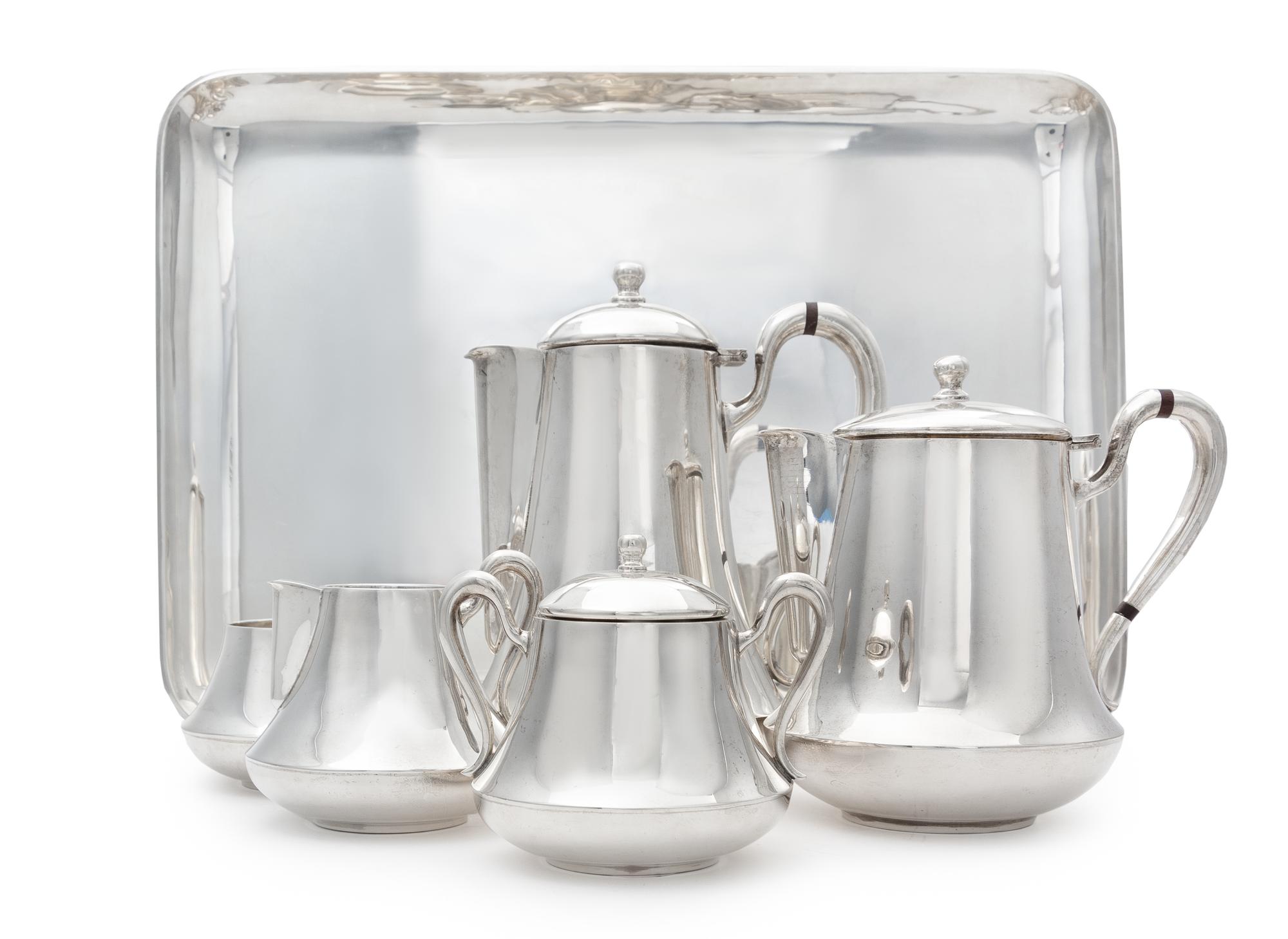 A Mexican Silver Six-Piece Tea and Coffee Service, Maker's Mark GIM, Mexico City, Mid-20th Century, comprising a teapot, coffee pot, cr