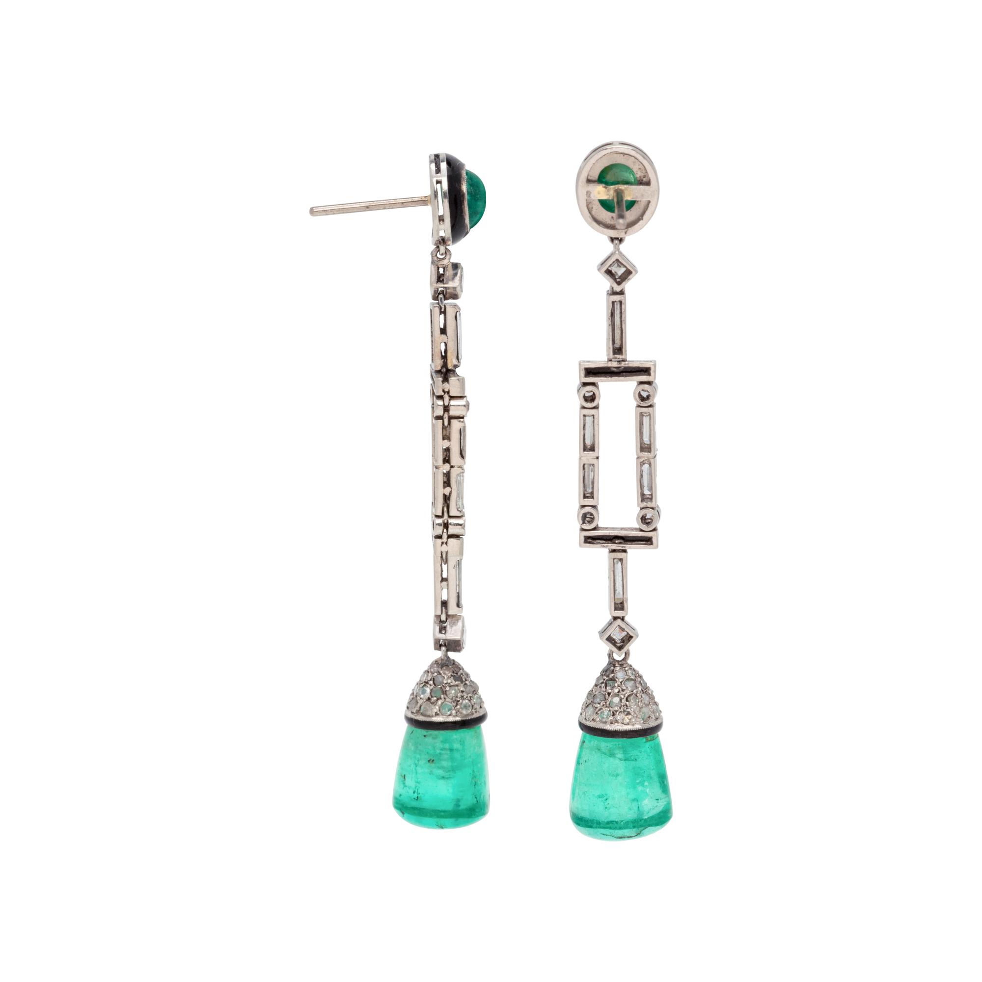 ART DECO, DIAMOND, EMERALD, ONYX AND ENAMEL EARRINGS