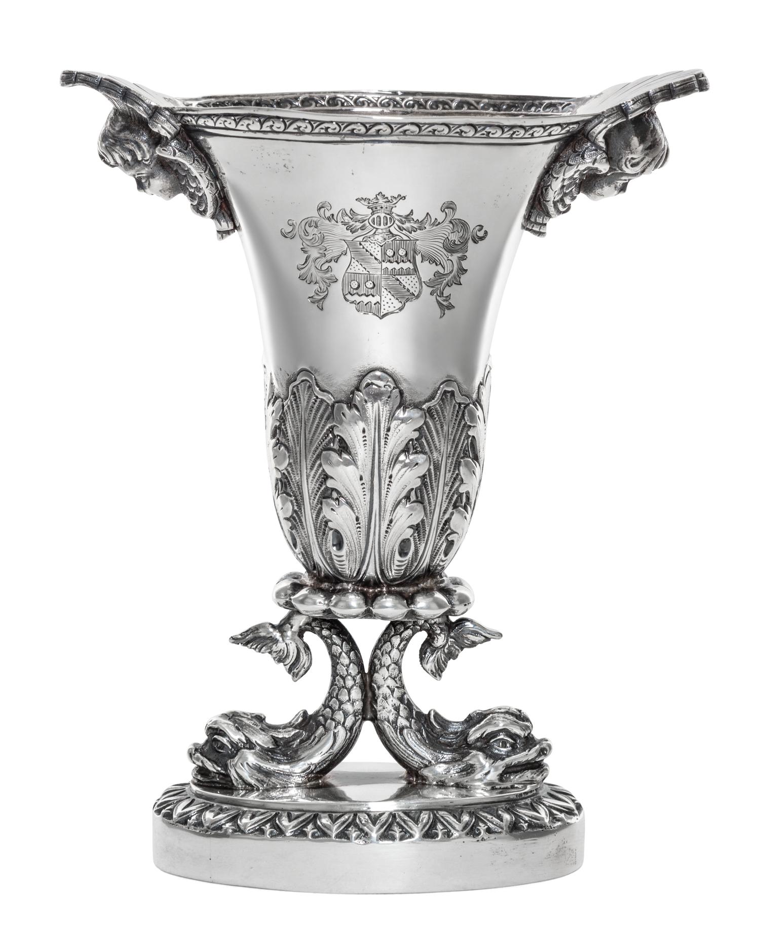 A Pair of American Silver Vases, 20th Century, each of flattened baluster form with cherub masks at the mouth and opposing dolphin form