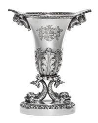 A Pair of American Silver Vases, 20th Century, each of flattened baluster form with cherub masks at the mouth and opposing dolphin form