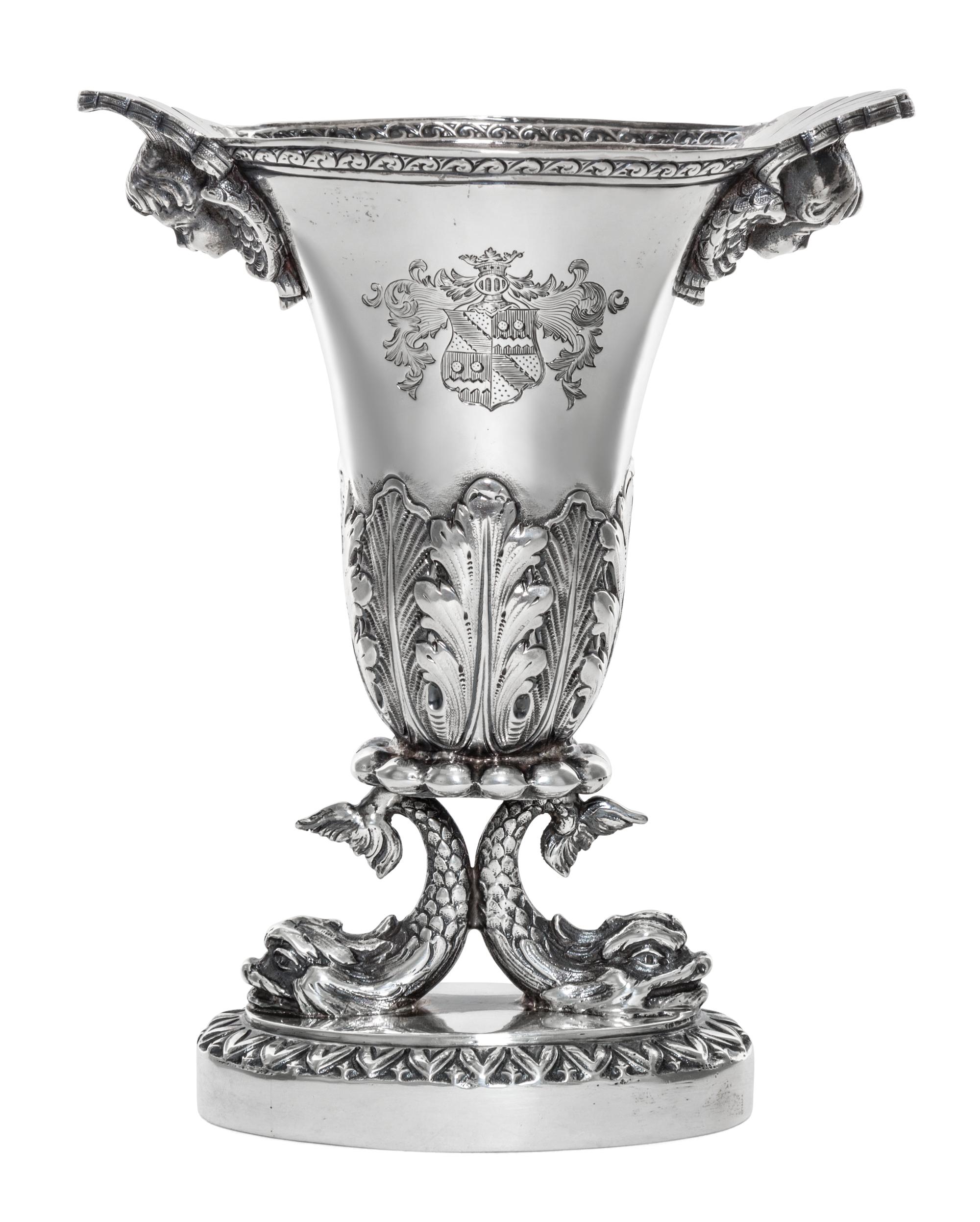 A Pair of American Silver Vases, 20th Century, each of flattened baluster form with cherub masks at the mouth and opposing dolphin form